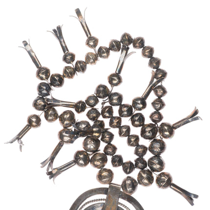 Navajo sterling silver Bisbee turquoise stamped beads squash blossom necklace