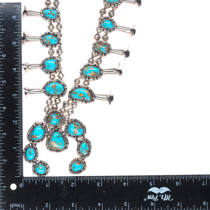 c1950 Navajo sterling silver high grade turquoise beaded squash blossom necklace
