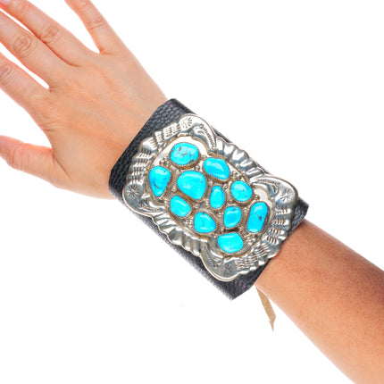 Vintage Zuni/Navajo sterling silver turquoise cluster Ketoh bowguard bracelet