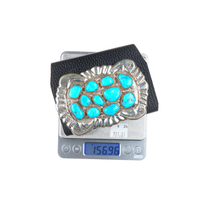 Vintage Zuni/Navajo sterling silver turquoise cluster Ketoh bowguard bracelet