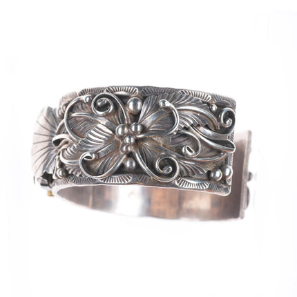 6.5" Vintage K Navajo sterling silver fancy featherwork watch cuff bracelet