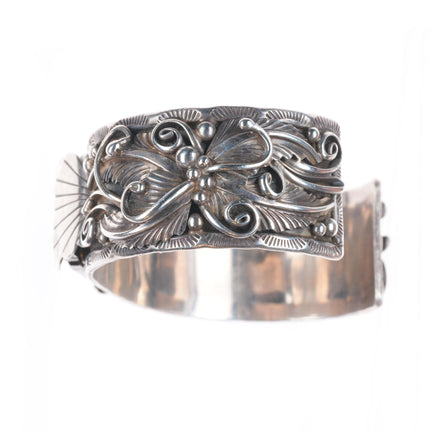 6.5" Vintage K Navajo sterling silver fancy featherwork watch cuff bracelet