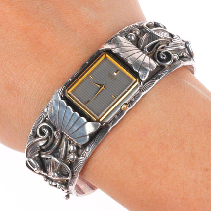 6.5" Vintage K Navajo sterling silver fancy featherwork watch cuff bracelet