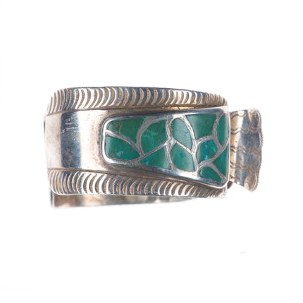 6.5" c1950 Vintage Zuni sterling silver fishscale turquoise watch cuff bracelet