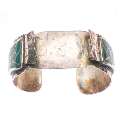 6.5" c1950 Vintage Zuni sterling silver fishscale turquoise watch cuff bracelet