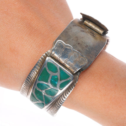 6.5" c1950 Vintage Zuni sterling silver fishscale turquoise watch cuff bracelet