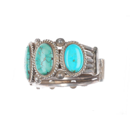 6.9" 30's-40's Vintage Navajo sterling silver large turquoise row cuff bracelet