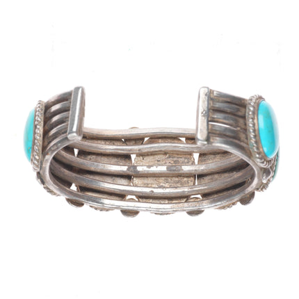 6.9" 30's-40's Vintage Navajo sterling silver large turquoise row cuff bracelet
