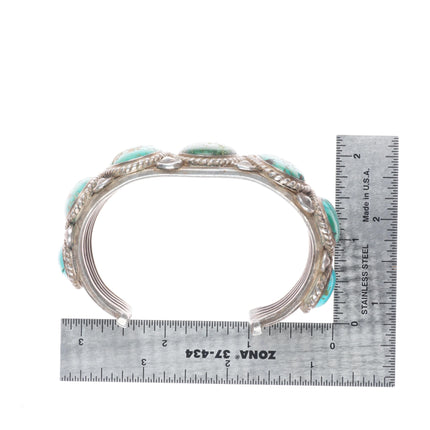 6.9" 30's-40's Vintage Navajo sterling silver large turquoise row cuff bracelet