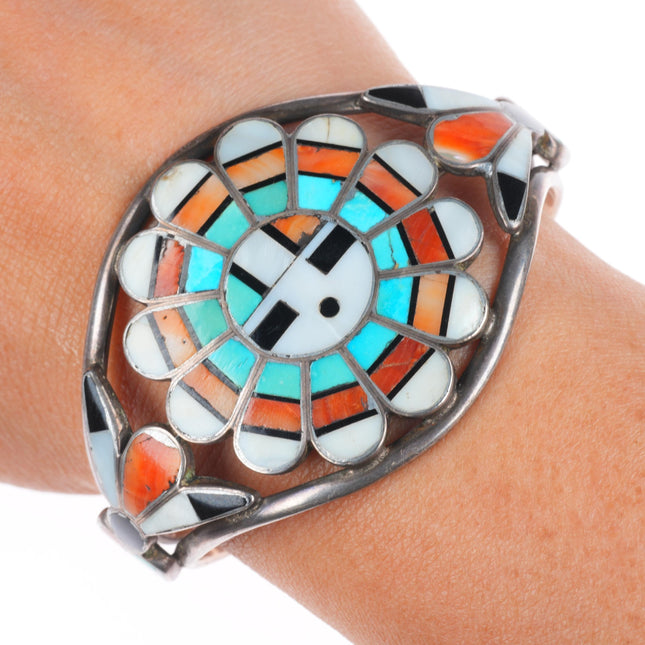 6" c1940's Vintage Zuni sterling silver turquoise, spiny oyster cuff bracelet