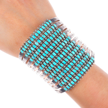 6.9" c1940's Vintage Zuni 10 Row stacked square cut turquoise cuff bracelet