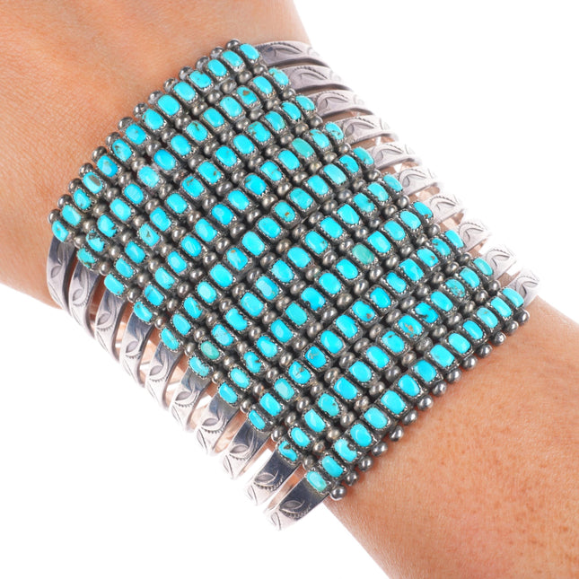 6.9" c1940's Vintage Zuni 10 Row stacked square cut turquoise cuff bracelet