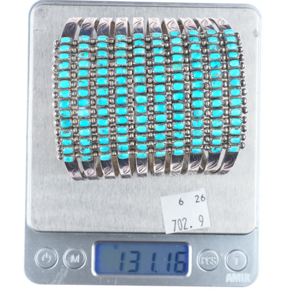 6.9" c1940's Vintage Zuni 10 Row stacked square cut turquoise cuff bracelet