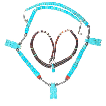 Vintage Santo Domingo/Kewa sterling silver turquoise beaded heishi necklaces