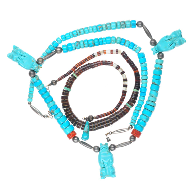 Vintage Santo Domingo/Kewa sterling silver turquoise beaded heishi necklaces