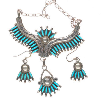 Leland Peyketewa Zuni Sterling silver needlepoint turquoise necklace/earring set