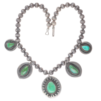 18" Vintage Navajo sterling silver turquoise tab pendants necklace fluted beads