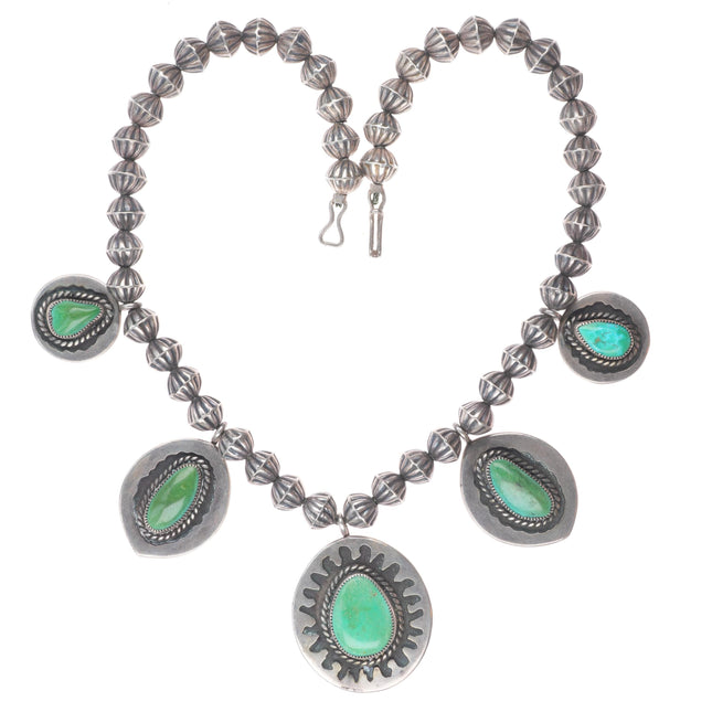 18" Vintage Navajo sterling silver turquoise tab pendants necklace fluted beads