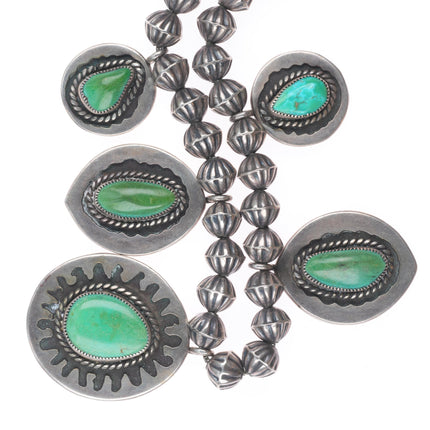 18" Vintage Navajo sterling silver turquoise tab pendants necklace fluted beads