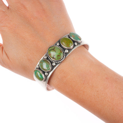 6.6" Vintage Navajo sterling silver green turquoise row cuff bracelet PAD RAD