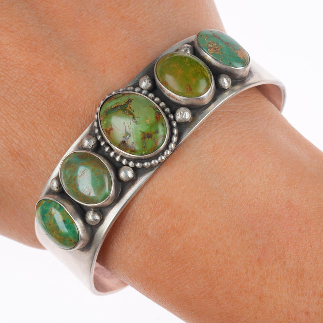 6.6" Vintage Navajo sterling silver green turquoise row cuff bracelet PAD RAD