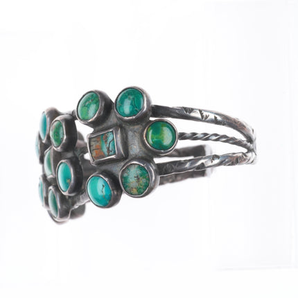 7.4" 1930's Navajo Sterling silver green turquoise cluster cuff bracelet