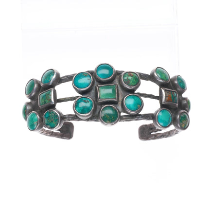 7.4" 1930's Navajo Sterling silver green turquoise cluster cuff bracelet