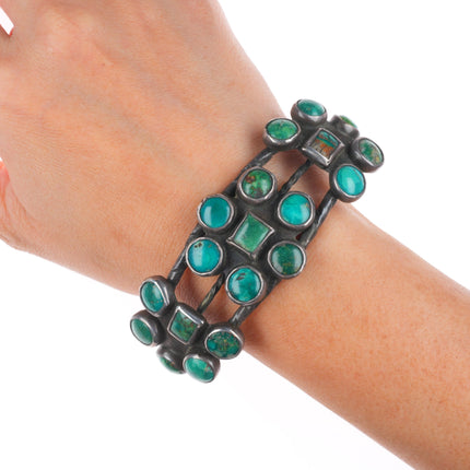 7.4" 1930's Navajo Sterling silver green turquoise cluster cuff bracelet