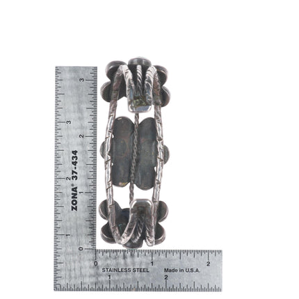 7.4" 1930's Navajo Sterling silver green turquoise cluster cuff bracelet