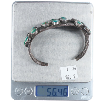 7.4" 1930's Navajo Sterling silver green turquoise cluster cuff bracelet