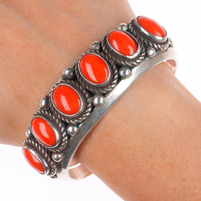 6.5" Vintage Navajo sterling silver high grade coral row cuff bracelet
