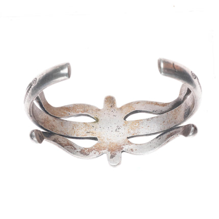 6" c1940's Navajo or Zuni cast sterling silver stamped cuff bracelet w/turquoise