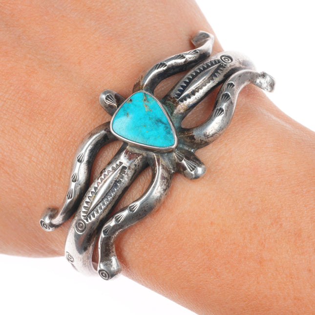 6" c1940's Navajo or Zuni cast sterling silver stamped cuff bracelet w/turquoise