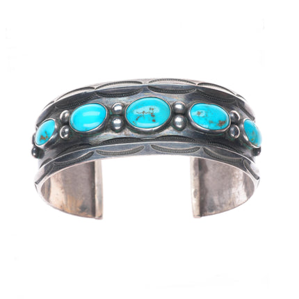 6.75" c1940's Navajo vintage carinated ingot silver turquoise row cuff bracelet