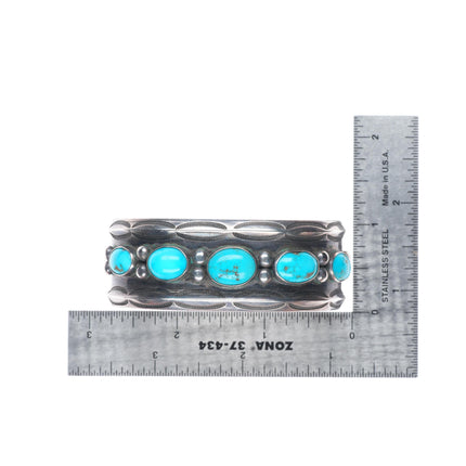 6.75" c1940's Navajo vintage carinated ingot silver turquoise row cuff bracelet