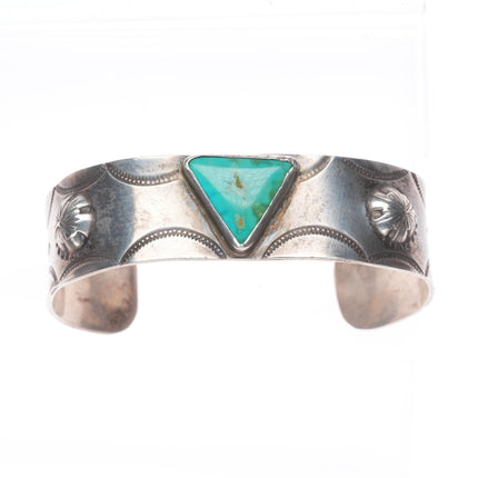 6.6" c1930's Navajo ingot silver arrow stamped triangle turquoise cuff bracelet