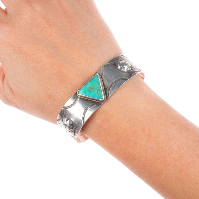 6.6" c1930's Navajo ingot silver arrow stamped triangle turquoise cuff bracelet