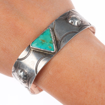 6.6" c1930's Navajo ingot silver arrow stamped triangle turquoise cuff bracelet