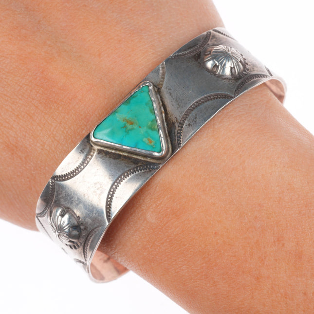 6.6" c1930's Navajo ingot silver arrow stamped triangle turquoise cuff bracelet