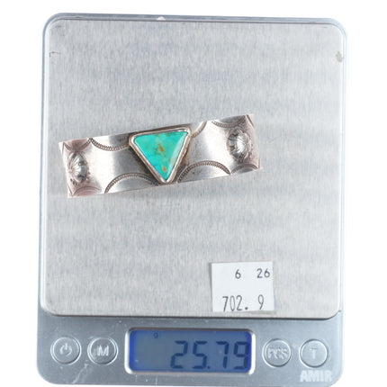 6.6" c1930's Navajo ingot silver arrow stamped triangle turquoise cuff bracelet