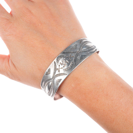 6.75" c1920's Antique Navajo Ingot silver whirling logs stamped cuff bracelet
