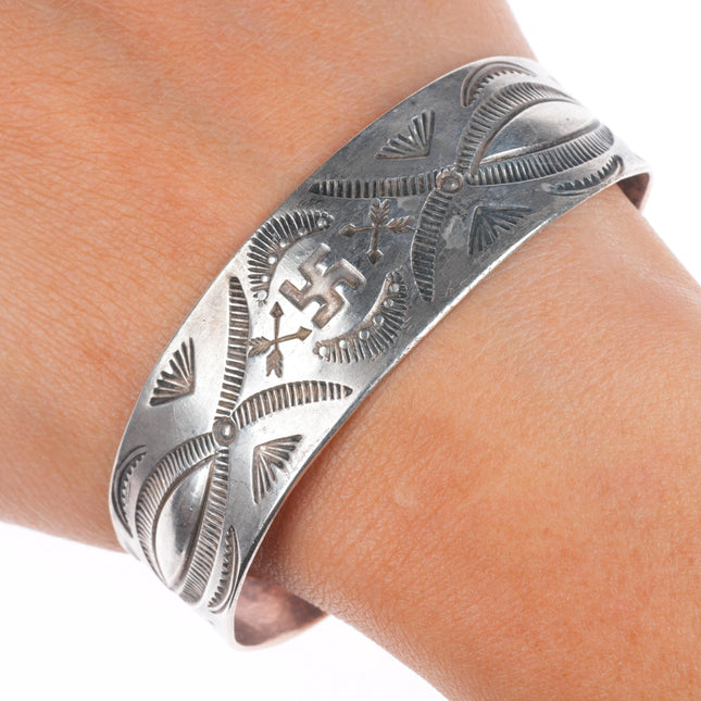 6.75" c1920's Antique Navajo Ingot silver whirling logs stamped cuff bracelet