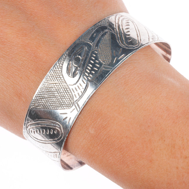 7.5" Antique Haida Ingot silver eagle hand carved cuff bracelet