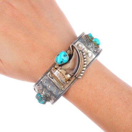7.6" 60's-70's Vintage Navajo sterling silver turquoise/claw cuff bracelet