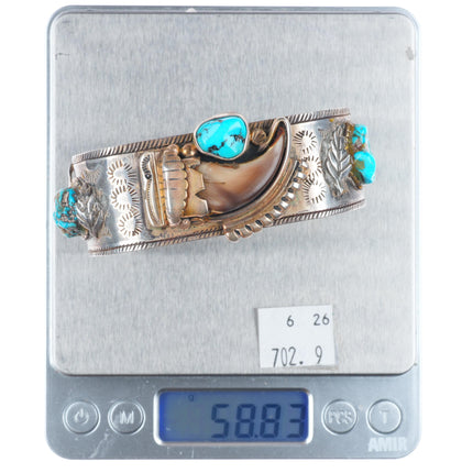 7.6" 60's-70's Vintage Navajo sterling silver turquoise/claw cuff bracelet