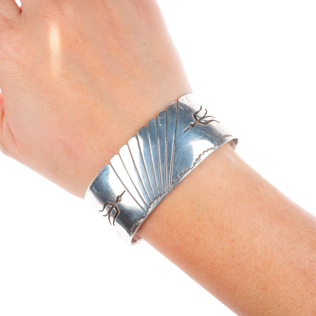 6.7" Vintage Navajo sterling silver peyote bird overlay cuff bracelet