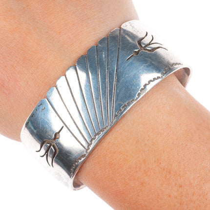 6.7" Vintage Navajo sterling silver peyote bird overlay cuff bracelet