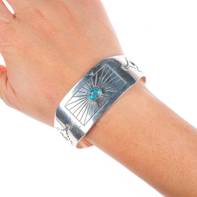 7" Marco Begaye Navajo sterling silver chiseled/stamped turquoise cuff bracelet