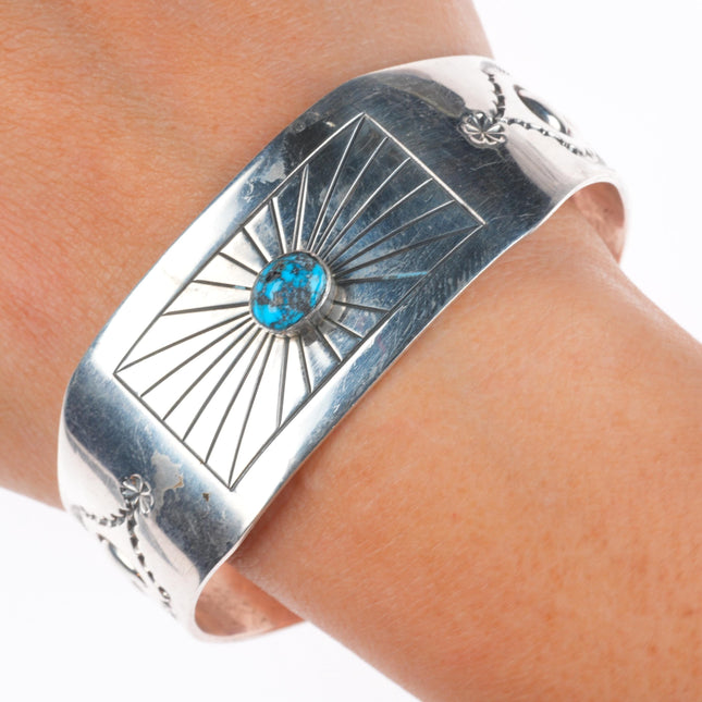 7" Marco Begaye Navajo sterling silver chiseled/stamped turquoise cuff bracelet