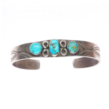 6.6" c1920's Antique Navajo ingot silver 3 stone turquoise stamped cuff bracelet